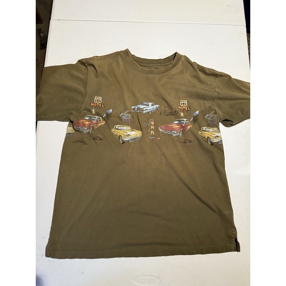 Buckhorn River T Shirt Route 66 Hot Rod Cars Wrap Around Tan Color Sz Large